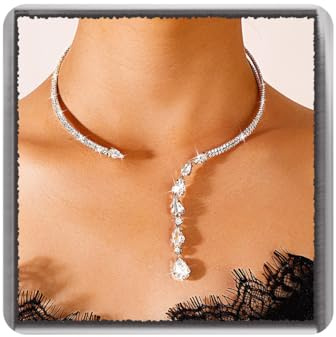 Ushiny Rhinestone Tear Drop Choker-halsband Smycken Silver Glitter Kristall Halsband Smycken Bal Fest Halsband för Kvinnor