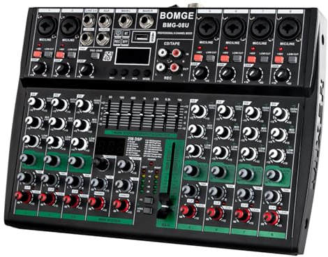 BOMGE - Console da Mixaggio Audio Professionale con Tavolo da Studio DJ - Sistema da 8 Canali USB Bluetooth MP3 con Ingresso per Computer, Alimentazione Phantom da 48 V, Stereo, Effetti FX DSP a 256