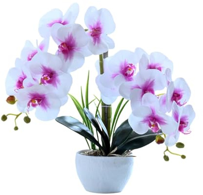 Anynoch 40cm Orquídea Artificial Morada de Dos Puntas con 14 Flores en Maceta Blanca, Impresión 3D, Phalaenopsis Blanca Falsa, Decoración para Cocina, Baño, Hogar, Oficina, Boda (White and Purple)