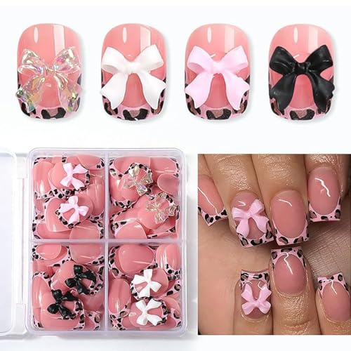 TESGADGETS 96-Piece Set of Artificial Fingernails in French Tip Design, Short Square Nails, Pink Leopard Print, Bow Charms and Manicure Decorations
