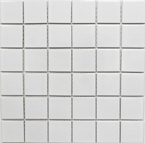 Mosaik kvadrat uni vit glänsande keramisk mosaik, mosaiksten format: 48 x 48 x 6 mm, bågstorlek: 300 x 300 mm, 10 ark