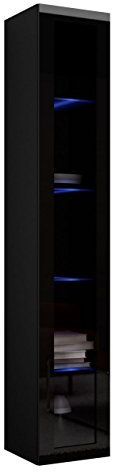 Hängevitrine Vigo Glas 180, Vitrine mit Glasböden, Vitrinenschrank, Farbauswahl, Stauraumvitrine Hochschrank, Wohnzimmer Highboard, Schrank (mit weißer LED Beleuchtung, Schwarz / Schwarz Hochglanz)