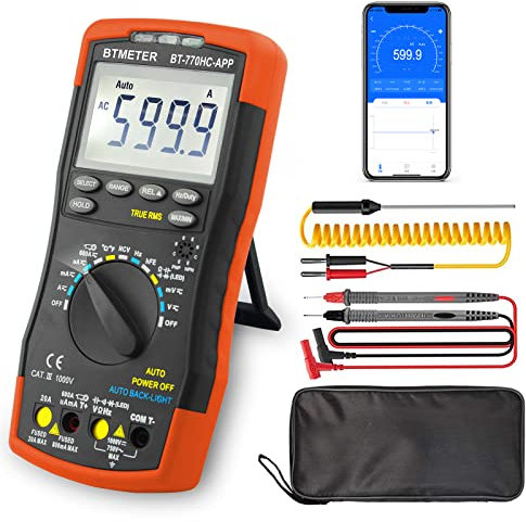 BTMETER Multimètre Numérique Portable TRMS 6000, Bluetooth APP, Mesure AC/DC Tension Courant Résistance Continuité Capacité Fréquence Diode HFE Transistor Température (BT-770HC-APP)