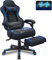 YU YUSING Chaise Gaming Ergonomique Racing Chaise de Bureau avec Réglage de Hauteur, Repose-tête et Soutien des Lombaires, PU Cuir avec Repose-Pieds Rétractable, Noir et Bleu