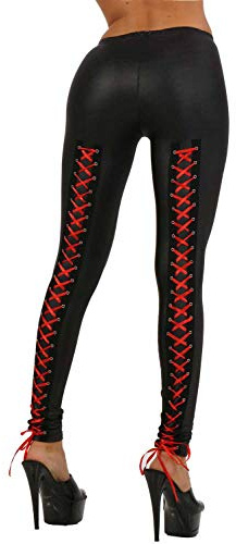 Miss Noir Women's Low Waist Party Leggings S-3XL Wet Look Sexy Trousers Clubwear Faux Leather Tights Lacing Satin Ribbons Full Length Pants (XXL-3XL) Black