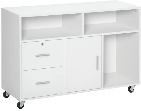 HOMCOM Mobile Porta Stampante a Rotelle con 2 Cassetti Chiudibile a Chiave, 3 Ripiani e Armadietto, Mobile Stampante per Documenti da Ufficio e Studio, 100x35x65 cm, Bianco