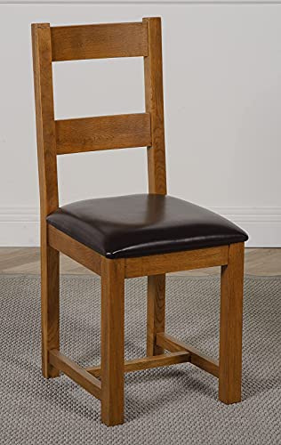Oak Furniture King Lincoln Solid Oak Dining Chair – Ladder Back Wooden Kitchen Chair, Dining Room Chairs with Upholstered Leather Seat, Fully Assembled, Rustic Oak Finish, Brown