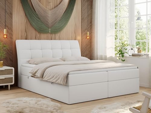 MKS MEBLE Boxspringbett 160x200 Weiß Kunstleder, Bett mit Multipocket Matratze H3 und Topper T25, Polsterbett 120x200 mit Bettkasten und Kopfteil, DIEGOS