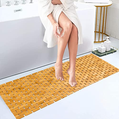Fovlaurs Bambo Bath Mat Bathroom Runner Long Large Rugs Floor Wood Shower Bathtub Waterproof Non Slip Accessories 16x48 Inch Easy to Clean, Natural, 1 pc