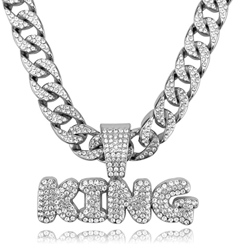 IDRUPACE Miami Men's Cuban Link Chain - Silver Gold Plated Bling Cuban Necklace with Diamond Icing, 13MM, 18.0 Inches (Silver Chain + KING Pendant)
