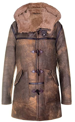 Men's Antique Brown Sheepskin Leather Duffle Coat New Winter Real Shearling 2XL