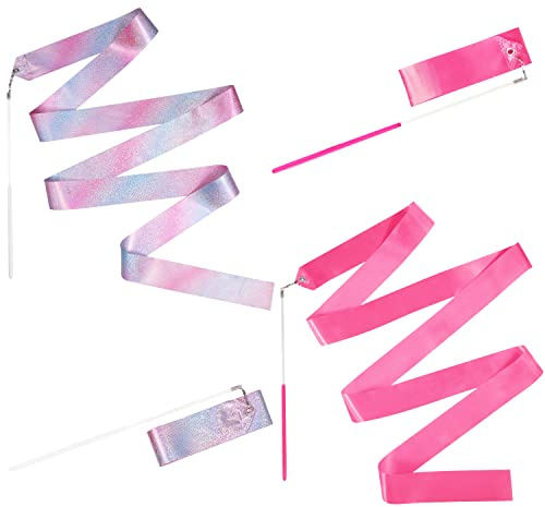 2pcs Dance Ribbons, 2m Kids Long Gymnastics Ribbon Twirling Ribbons Dancing Ribbon Streamers for Artistic Dance Training Party, with Ribbon Dancer Wand (Pink + Sparkling)