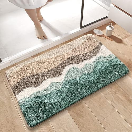 DAMEGA Alfombra de Baño de Líneas Verdes Esponjosa Alfombra de Suelo Moderna Minimalista Alfombras de Baño Super Absorbentes de Agua para Bañera Dormitorio Cocina Puerta de Baño