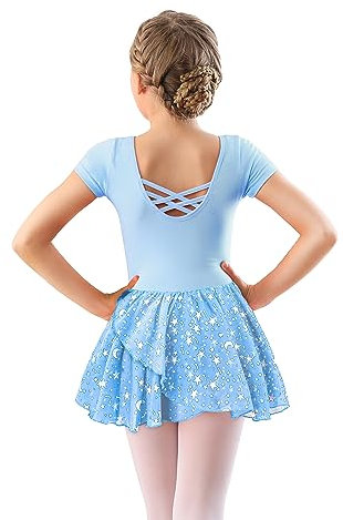 DANSHOW Kinder Ballettkleidung Mädchen Tanzkleider Mädchen Kurzarm Balletttrikot Ballettanzug Tanzkleid mit Chiffonrock(40401-01AY-M)