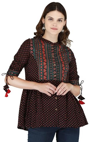 MESMERIICAL Black Round Neck Cotton Printed Short Kurti for Women | Round Neck Traditional Indian Top | Women’s Casual Top, Black, Medium