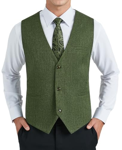 HISDERN Chalecos de Vestir Hombre Verde Formal Elegante Chaleco Traje para Hombre Boda Fiesta Negocio Clásico Color Liso con Bolsillo L