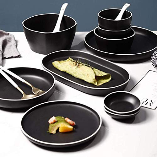 CRBUDY Services de Table Classiques en céramique, Ensemble combiné de Vaisselle en Porcelaine de 48 pièces | Ensembles d'assiettes à Steak et de Bols à céréales Noir Mat