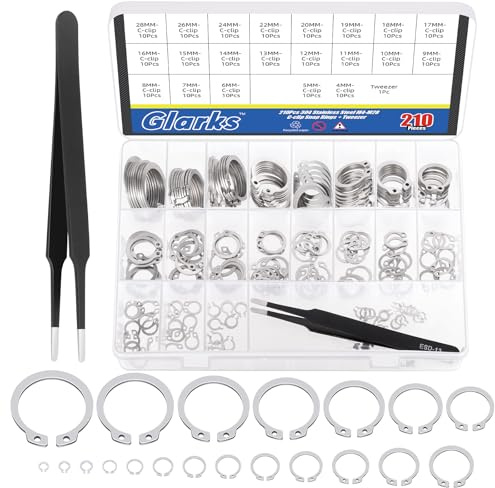 Glarks 211Pcs 21 Sizes C-Clip External Retaining Rings Assortment Set, 304 Stainless Steel 4MM-28MM Snap Ring Shop Assortment Circlip Retainer Rings with A Tweezer for Axles, Shafts and Moving Parts