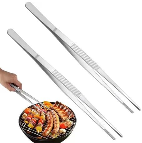 Pince Cuisine, 2 Pièces Pincettes de cuisine en acier inoxydable, longue pincette de cuisine professionnelle pour la cuisine, pour Cuisiner Griller et Cuire, argent, 30 CM