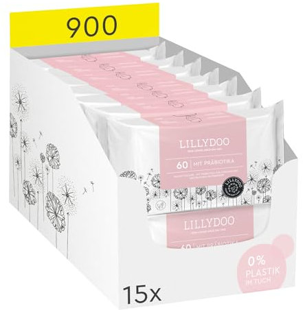 LILLYDOO Feuchttücher mit Präbiotika, 900 Stück (15 x 60), 100% plastikfreies Tuch, ohne Parfüme