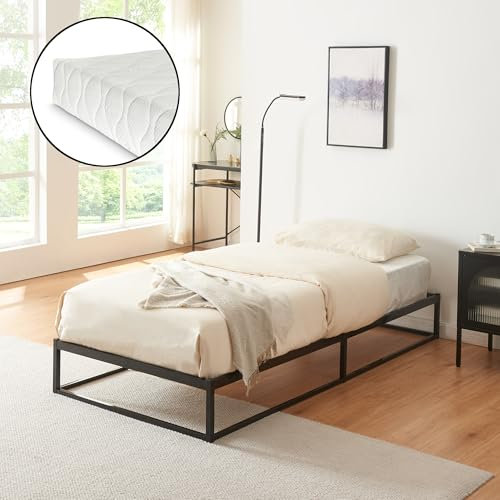 [en.casa] Lit Simple en Métal avec Matelas à Mousse Froid Design Intemporel Industriel Structure Stable Robuste Surface Anti-Rayures Capacité de Charge 150 kg Acier Laqué 90 x 200 cm Noir