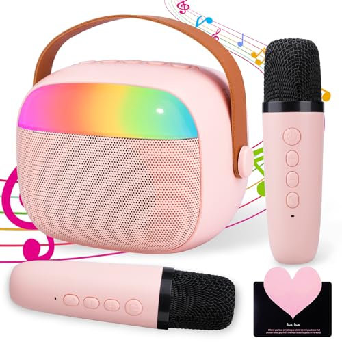 IGUGI Karaoke per Bambini,Microfono Karaoke Giocattoli con 2 Microfoni Wireless,Microfono Bambini con Luce LED,Altoparlante Portatile,con Effetti di Cambio Voce,Regalo Bambina 3-12 Anni
