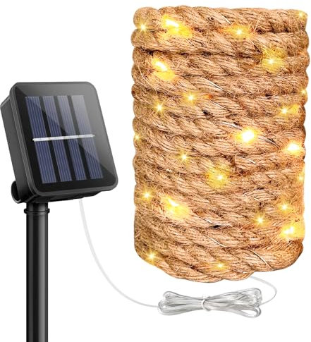 Ghirlanda solare per esterni, 7 m, 100 LED, ghirlanda luminosa solare da esterno, ghirlanda luminosa solare per esterni, ghirlanda di luce solare in sisal, impermeabile, LED luminoso, per giardino