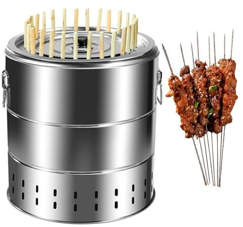 Barbacoa portátil sin humo, parrilla de carbón de barril, de acero inoxidable, con marco para kebab, para exteriores, interiores y camping, sin humo