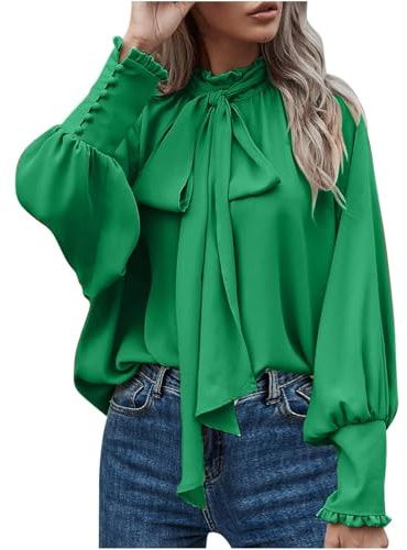 Camicetta da donna elegante con scollo a camicia, fiocco da legare, scollo a imbuto, maniche a lanterna, in chiffon, con volant e fronzoli, per lavoro in ufficio, a maniche lunghe, a vestibilità