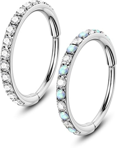 OUFER 20G 2PCS Anello al Naso Cerchio Acciaio Chirurgico 316L Anello a Segmento con Cerniera Piercing al Naso Trasparente e Opale Elica Daith Rook Conch Orecchino Gioielli per Donna 7 mm