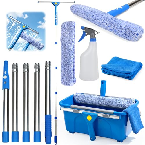Equipo Profesional de Limpia de Ventanas con Cubo de 16L, Limpieza con Mango 2M, rasqueta de Silicona, Botella pulverizadora, Estropajo de Microfibra, paño, Kit de Lavado para Ventanas Altas Ducha