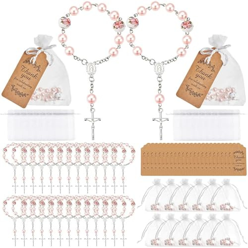 Faticenic Mini radband, 50 st dop radband gynnar keramiska blommor pärlarmband med korshänge för dop bröllop första nattvarden, 5 cm, mini, dop festgåvor