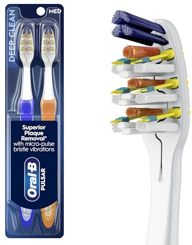 Oral-B Pulsar Pro-Health Expert Clean, Battery electric toothbrush, 2 count MEDIUM toothbrush pack, removes plaque, travel essentials tooth brush
