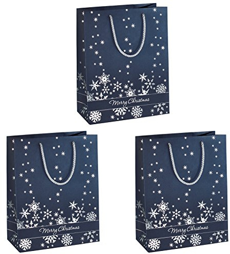 SIGEL GT110 Premium Borsa Regalo natalizia grande, Silver Snowflakes, 26 x 33 x 12,5 cm, carta, 3 pz