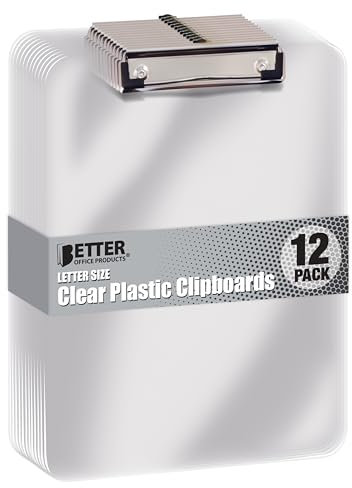 Better Office Products Clear Plastic Clipboards, 12 Pack, Durable, 12.5 x 9 Inch, Low Profile Clip, Translucent Clear, Set of 12