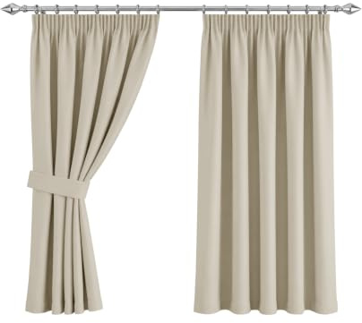 Imperial Rooms Pencil Pleat Blackout Curtains for Bedroom, Cream, 66x54 | Thermal black out curtains for living room with Noise Reduction & privacy - Energy Saving Curtain – 2 Panels with Tiebacks