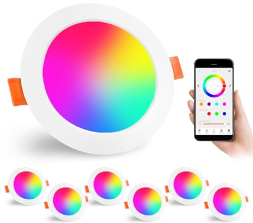 Lighting master Led Downlights for Ceiling 4 inch 12W for Alexa (cutout：100-110mm)，Bluetooth Smart Ceiling Spot Lights by APP Control，2700K-6000K adjustable - Colour Changing RGB Recessed Lights 6pack