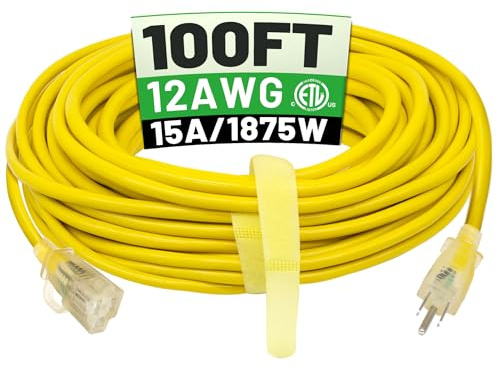 POWGRN 100 ft 12/3 Outdoor Extension Cord Waterproof Heavy Duty with Lighted Indicator End 12 Gauge 3 Prong, Flexible Cold-Resistant Long Power Cord Outside, 15Amp 1875W SJTW Yellow ETL Listed