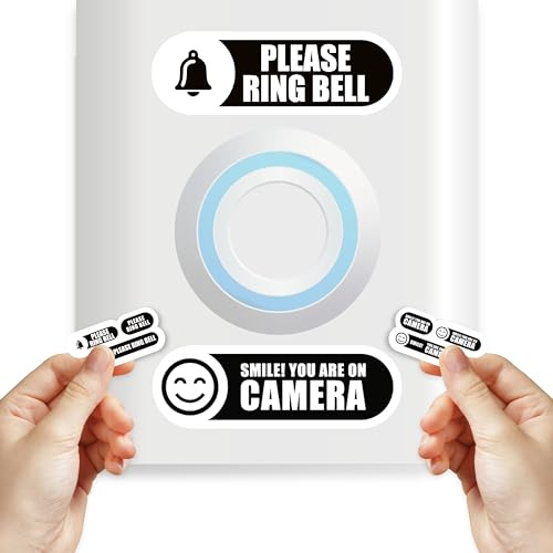 Tiny Please Ring Bell Sign (3 Sizes) + Tiny Smile You are on Camera Sticker for Doorbell (3 Sizes)