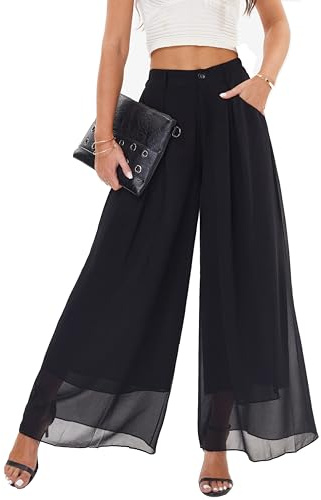 heipeiwa Women's Chiffon Wide Leg Palazzo Pants Flowy Casual Beach Party Dress Long Pants Trouser Black