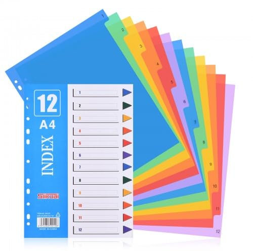 PTJJXA 12er-Set A4 Register für Ordner, Farbige Ordner Trennblätter, Kunststoff, Polypropylen, A4, 11 Löcher