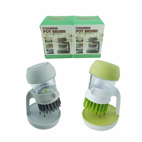 MEETOZ 2Pcs Soap Dispensing Palm Brush Pressing Refillable Soap Dispensing Brush washing up brush dish brush with Storage Stand Holder, for Dishes Pots Pans Sinks kitchen Cleaning