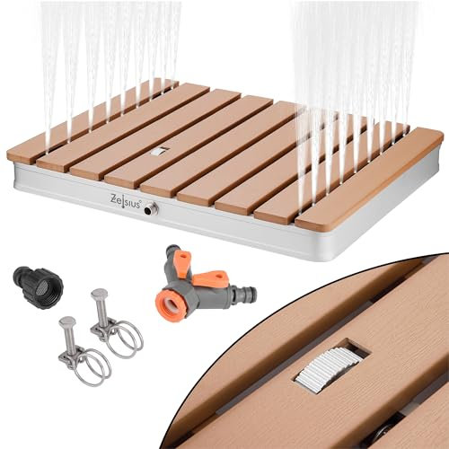 Zelsius Douche de sol aspect bois 70 x 55 cm - Marron - Hauteur de fontaine jusqu'à 4 m - Douche de jardin angulaire - Douche de camping - Douche d'extérieur portable - Douche de piscine avec roue -