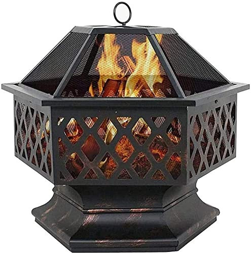 Feuerstellen für den Außenbereich, Holzfeuerstellen für den Außenbereich, tragbare Feuerstelle aus Metall, sechseckiges Design, Kaminofen, mit Maschendrahtabdeckung, Kaminofen mit Abdeckung, Gril