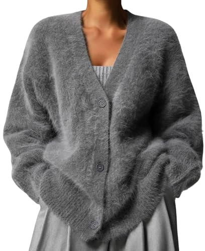 ZPLMIDE Lussuoso cardigan in cashmere, maglione cardigan oversize da donna lavorato a maglia, tinta unita, soffice scollo a V, aperto sul davanti, giacca elegante e calda