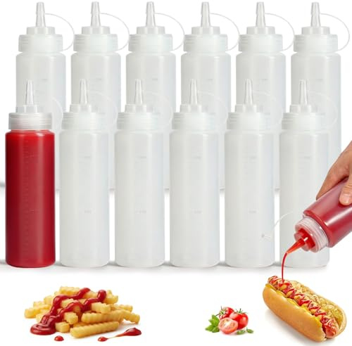 OAMCEG Sauce Squeeze Bottles,12 Pack 8oz/250ml Plastic Condiment Bottles | Squeezy Sauce Bottle with Caps Ketchup & Condiment Bottles with Measurement for Syrup, Dressings, Mayonnaise,Hot Sauce