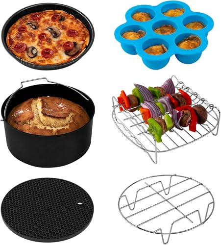 COSORI Accessoires de Friteuse sans Huile 5,5 Litre, Plateau à Pizza/Corbeille à Pain/Support en Métal/Moule à Cake/Grille de Cuisson/Cuisson à la Vapeur, Noir