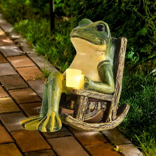 SKIKHN Frosch Figuren Draußen Deko, Solar Frosch Statue, Deko Frosch für Draußen, Solar Frosch Garten Dekor mit LED Leuchten, Frosch Statuen Garten, Outdoor Indoor Solar Garten Frosch Dekor Ornamente