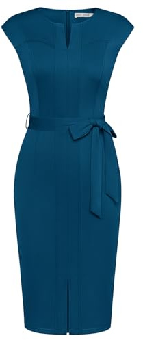 GRACE KARIN Women Bodycon Dress with Belt Crew Neck Front Slit Work Dress Peacock Blue XL