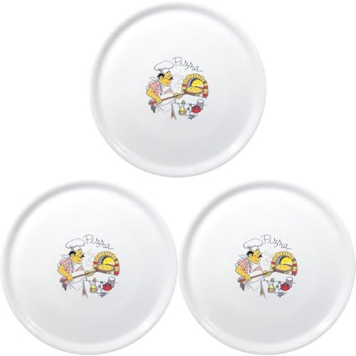 HENDI Plato de pizza redondo, plato para servir pizza, porcelana, motivo: hornear pizzas, apto para el microondas y el lavavajillas, ⌀330 mm, blanco (Paquete de 3)